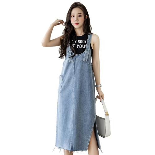 Real shot of denim suspender skirt for women mid-length versatile suspender dress