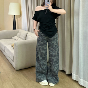 子 梨形身材胖MM大码 加长迷彩牛仔裤 女宽松直筒阔腿裤 拖地休闲长裤