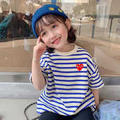 纯棉短袖 夏季 童装 t恤男女童儿童条纹上衣体恤潮小女孩2024年圆领