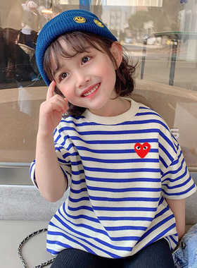 夏季童装纯棉短袖t恤男女童儿童条纹上衣体恤潮小女孩2024年圆领