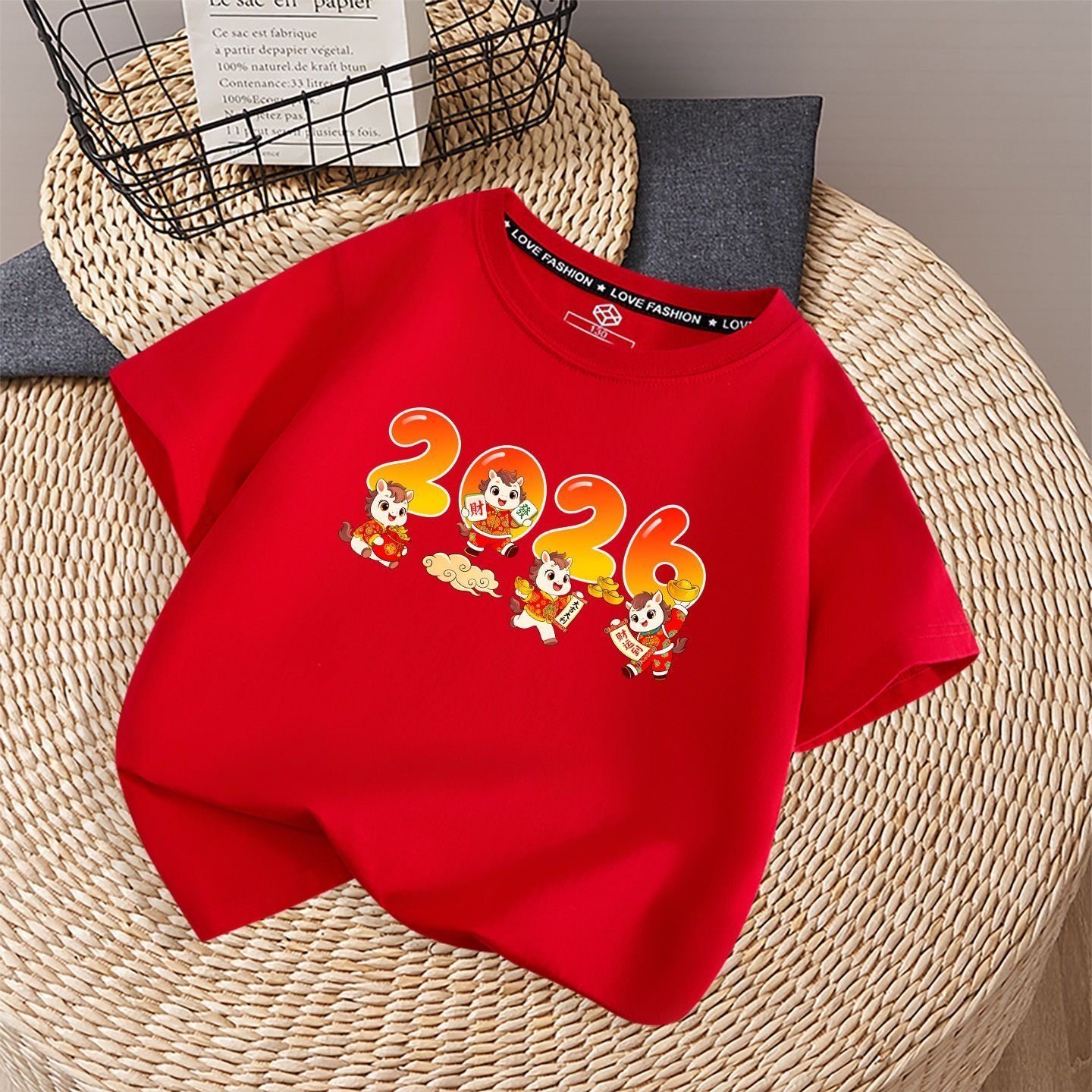 2026马年童装短袖t恤红色喜庆男童女童全家过年儿童马年春节上衣
