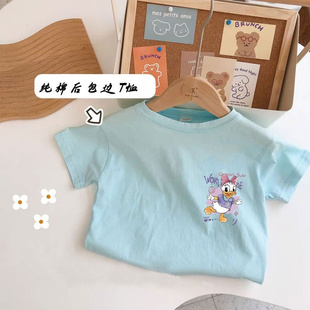 卡通粉色唐老鸭印花纯棉短袖T恤男女童清新宽松休闲可爱上衣服潮