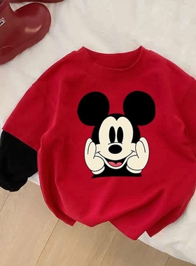 男女童ins潮款假两件T恤长袖2025春秋新款韩版宝宝上衣拼色打底衫