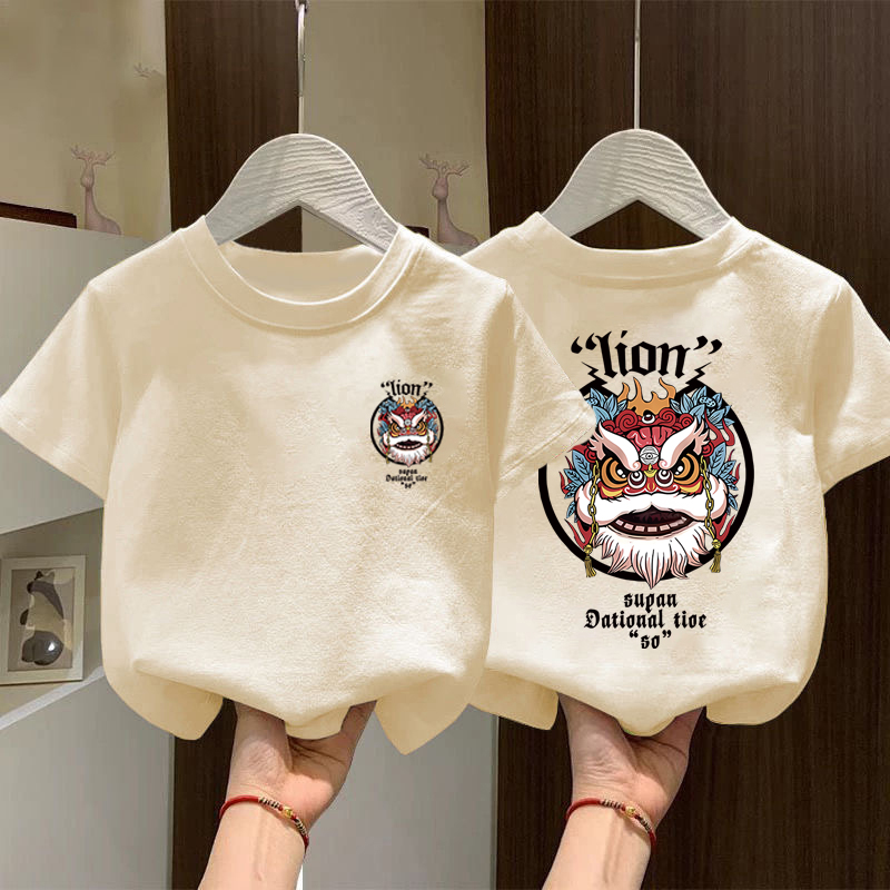 童装舞狮字母印花纯棉短袖T恤男女童时尚国潮帅气百搭休闲上衣服