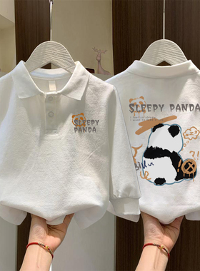 男童长袖t恤2025秋季卡通熊猫儿童polo衫上衣宝宝洋气纯棉打底衫