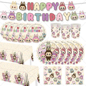 拉布布labubu主题 儿童生日派对一次性餐具纸盘桌布纸杯拉旗装 饰