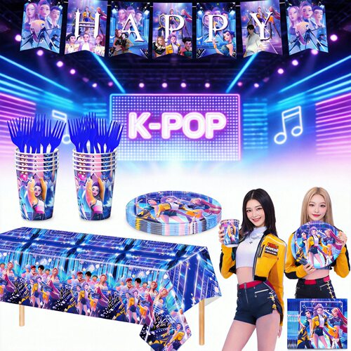 新款KPOP蓝色猎魔女团主题生日派对餐具拉旗蛋糕插排气球套装装饰