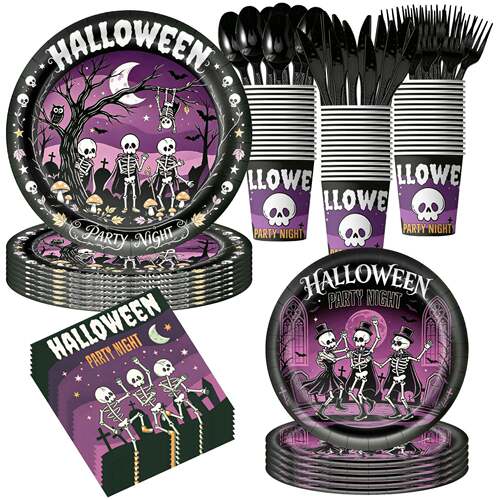 Halloween万圣节恐怖骷髅头主题一次性餐具纸盘纸杯纸巾刀叉套装
