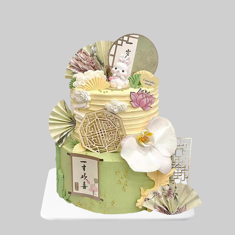 双层新中式兔宝宝周岁礼蛋糕模型仿真2025网红生日蛋糕橱窗样品