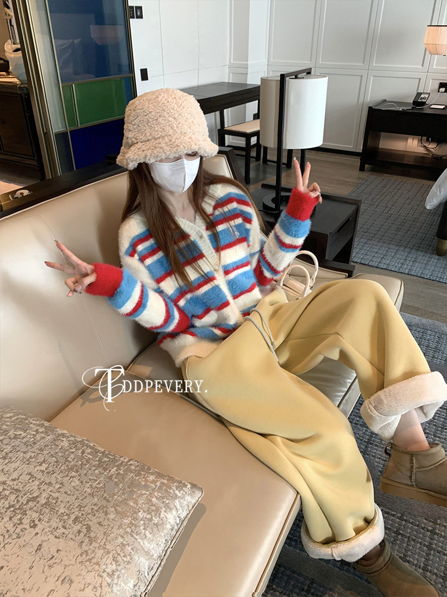 TDDP 马海毛条纹连帽针织开衫毛衣女秋冬宽松慵懒风美式复古外套