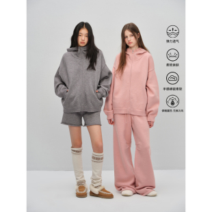 慵懒feu 针织长裤 休闲套装 毛衣外套短裤 两件套 女连帽开衫 TDDP