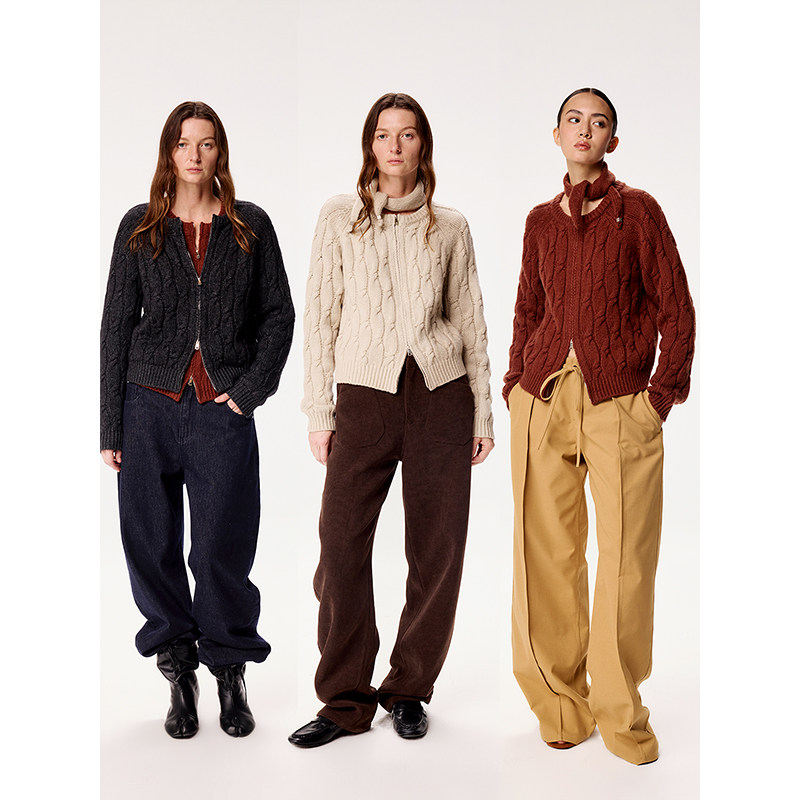 TDDP 50支超细羊毛 麻花针织拉链开衫毛衣女2025新款秋季气质外套