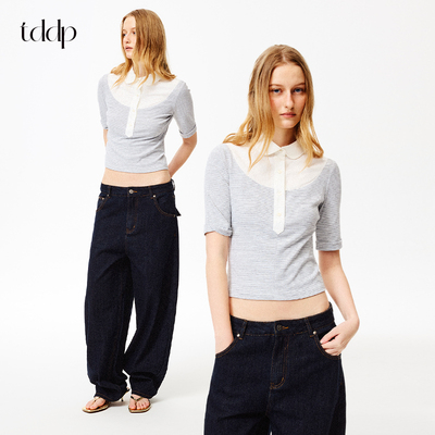 TDDP 设计感拼接条纹polo领短袖T恤女2026年新款夏季修身短款上衣