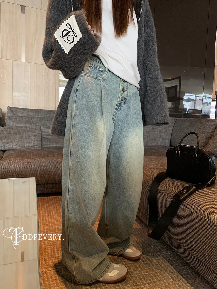 做旧磨白水洗拖地牛仔裤常规秋冬