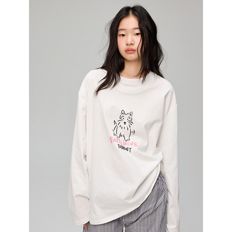 TDDP“乐趣时光”du家定染印花 小狗长袖白色T恤女秋季宽松上衣