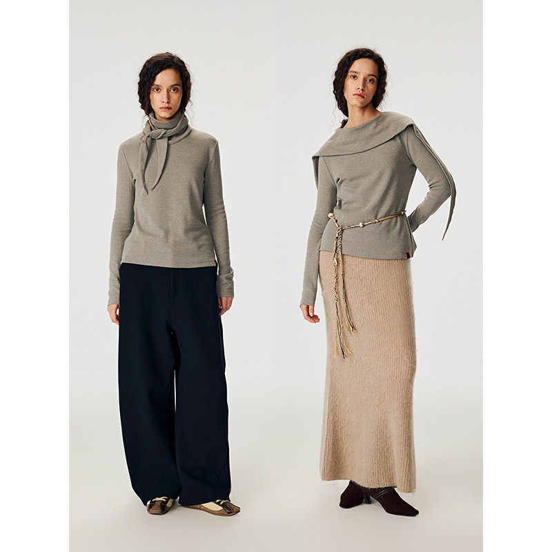 TDDP“旧日时光”人造羊毛 翻领打结打底长袖t恤女冬内搭单穿上衣