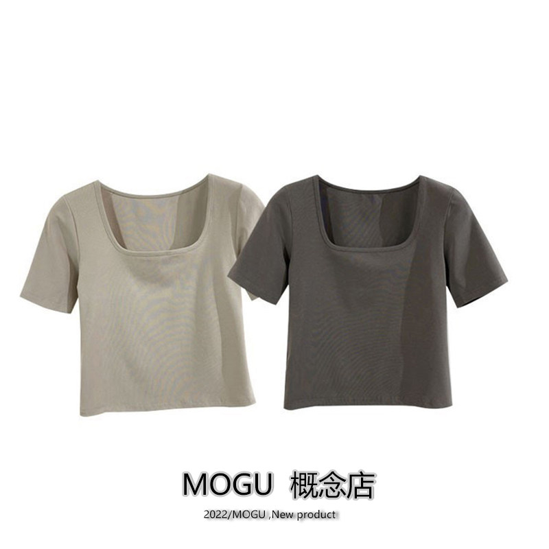 통관 브랜드 할인 대외 무역 픽업 슬림핏 노출 쇄골 스퀘어 칼라 반팔 티셔츠 여성 얇은 짧은 탑