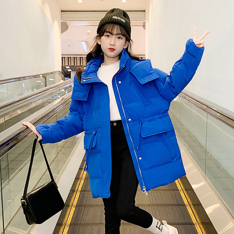 女童羽绒棉服克莱茵蓝女孩秋冬季中长款棉衣外套中大童加厚棉袄子