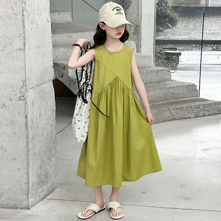 女童牛油果绿连衣裙女孩夏季薄款背心裙韩版儿童长裙中大童沙滩裙