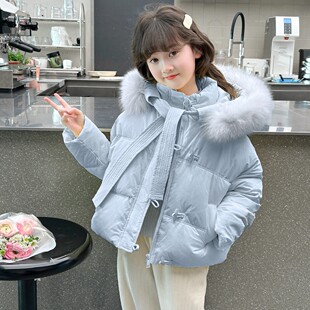 女童短款棉衣外套2025新款冬装女孩大毛领羽绒棉服加厚中大童棉袄