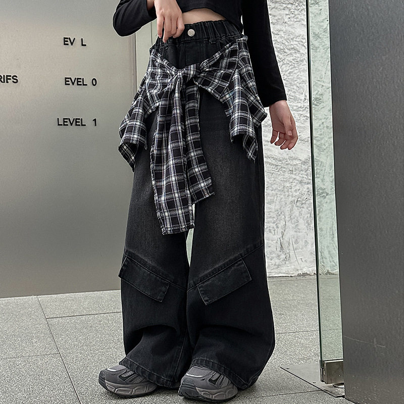 女童格子拼接屁帘黑色阔腿牛仔裤大童美式高街假两件宽松工装裤子