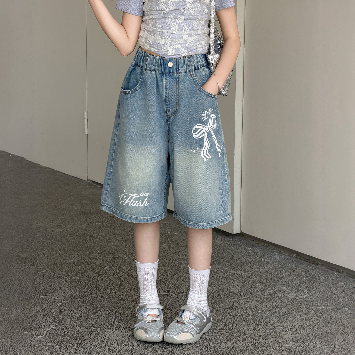 女童马裤夏薄款2026新款女孩牛仔七分裤中大童宽松短裤子阔腿中裤