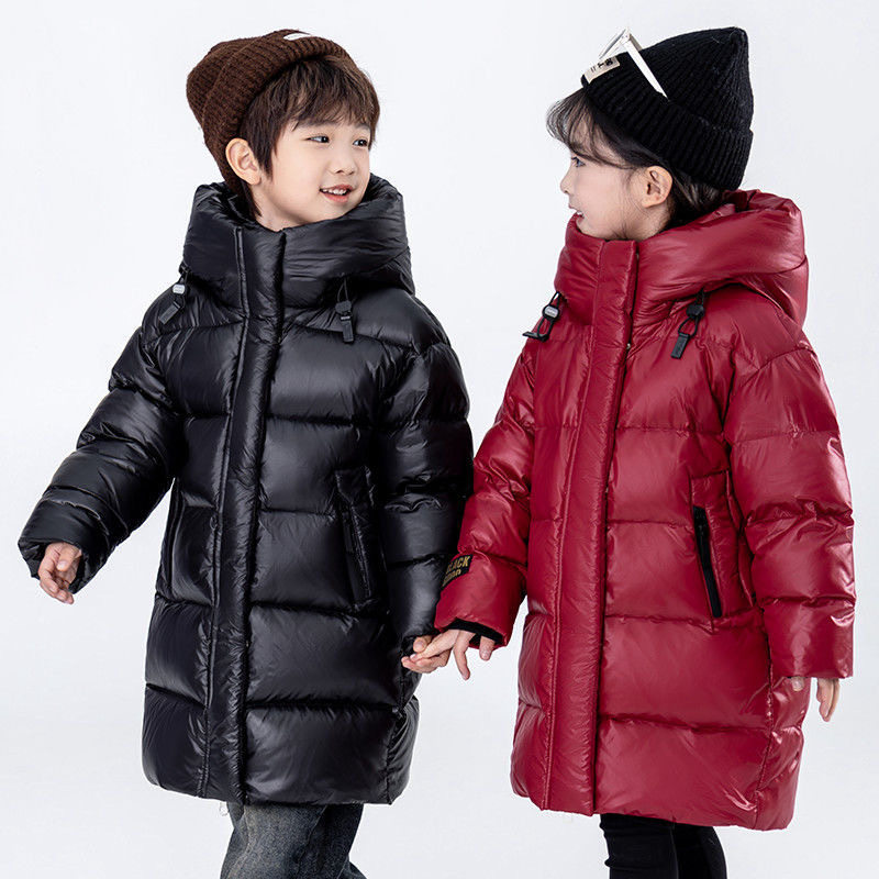男女童亮面耐脏羽绒服红黑金色加厚外套中大童中长款鸭绒衣亲子装