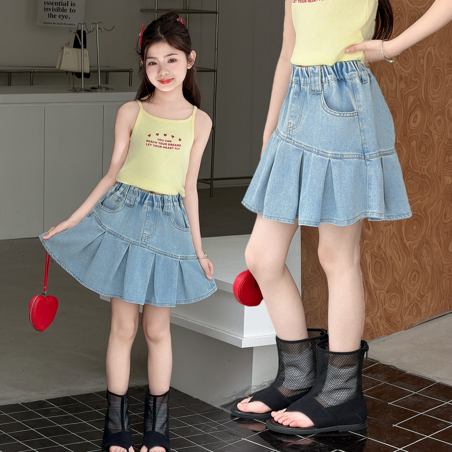 女童牛仔半身裙女孩防走光A字裙