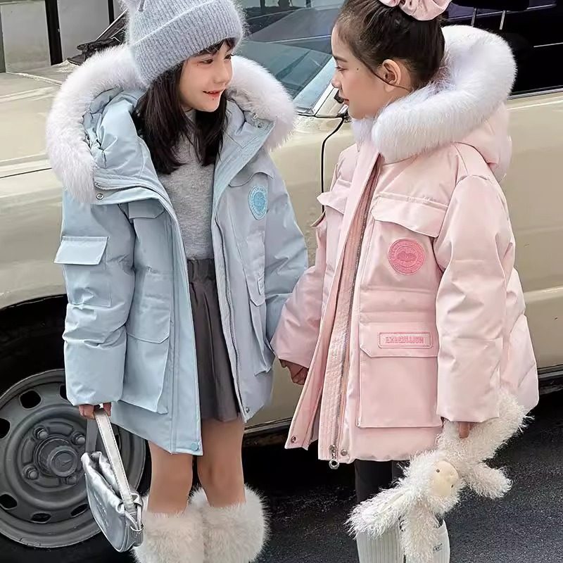 女童连帽大毛领工装外套2026款