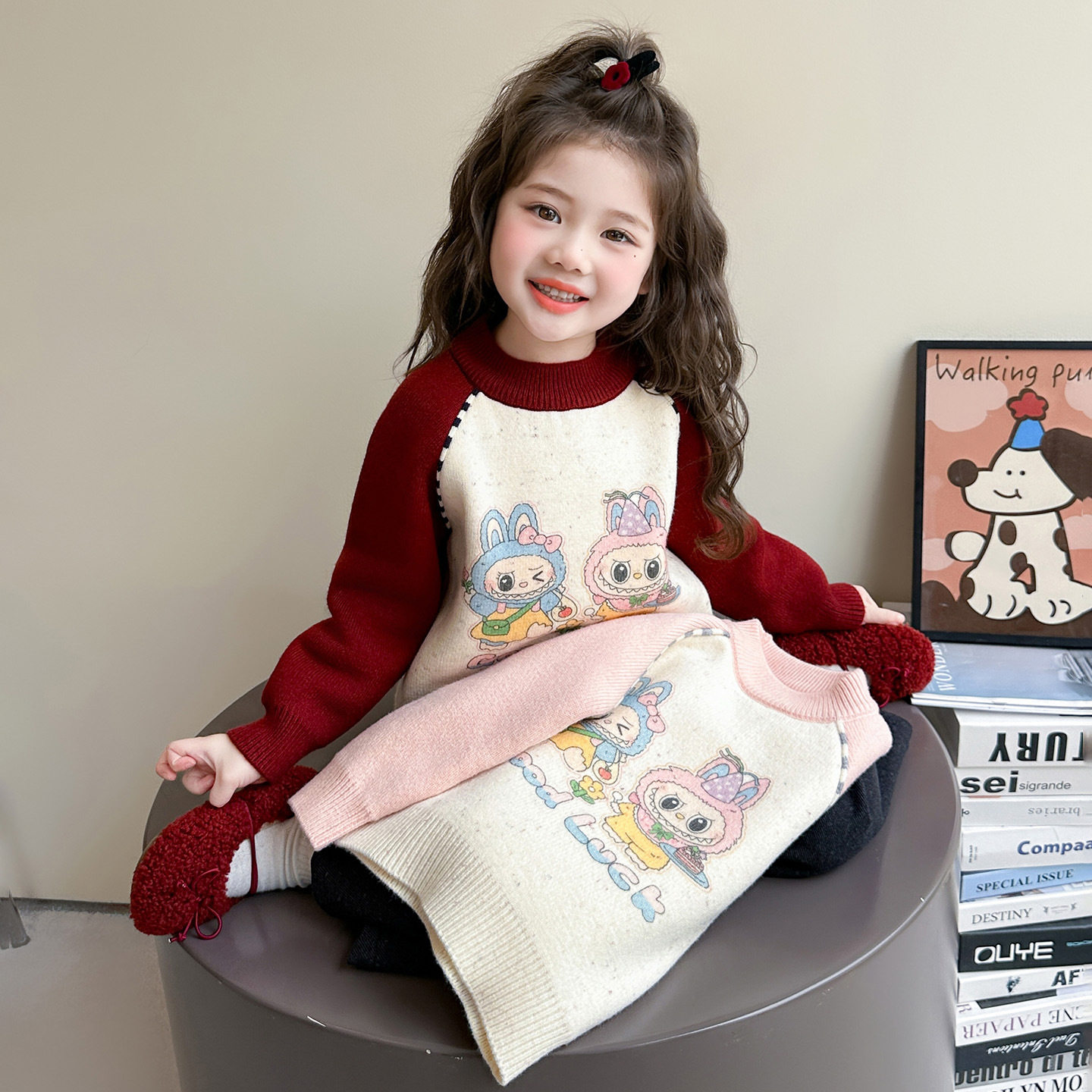 女宝宝毛衣纯棉冬季儿童加厚毛衫女中童卡通半高领打底衫拼色上衣