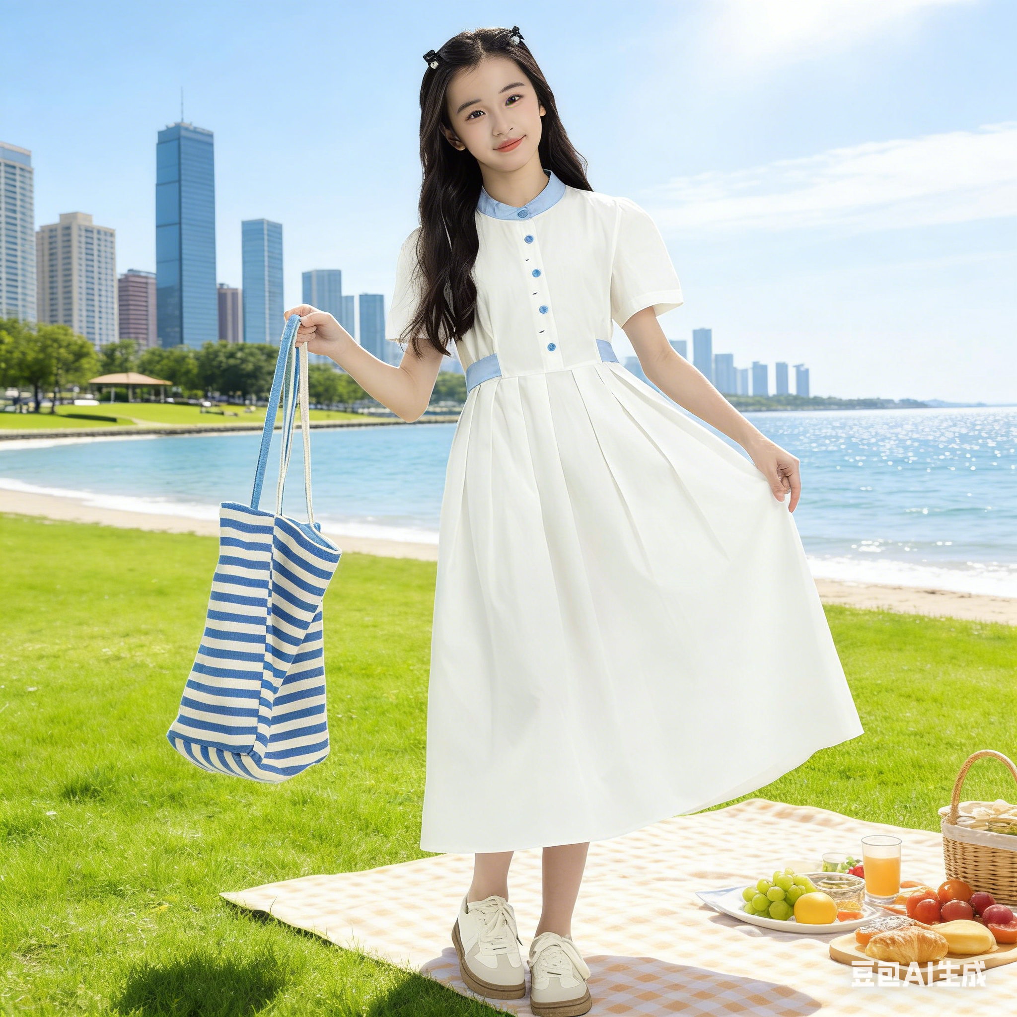 女童学院风纯棉白色连衣裙夏季