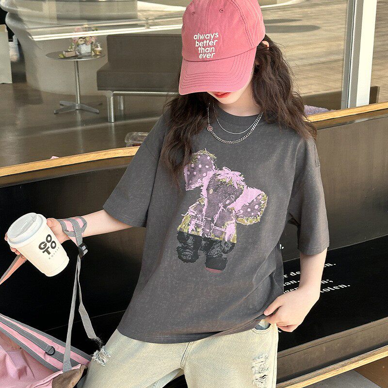 女童夏季短袖T恤灰色潮酷上衣