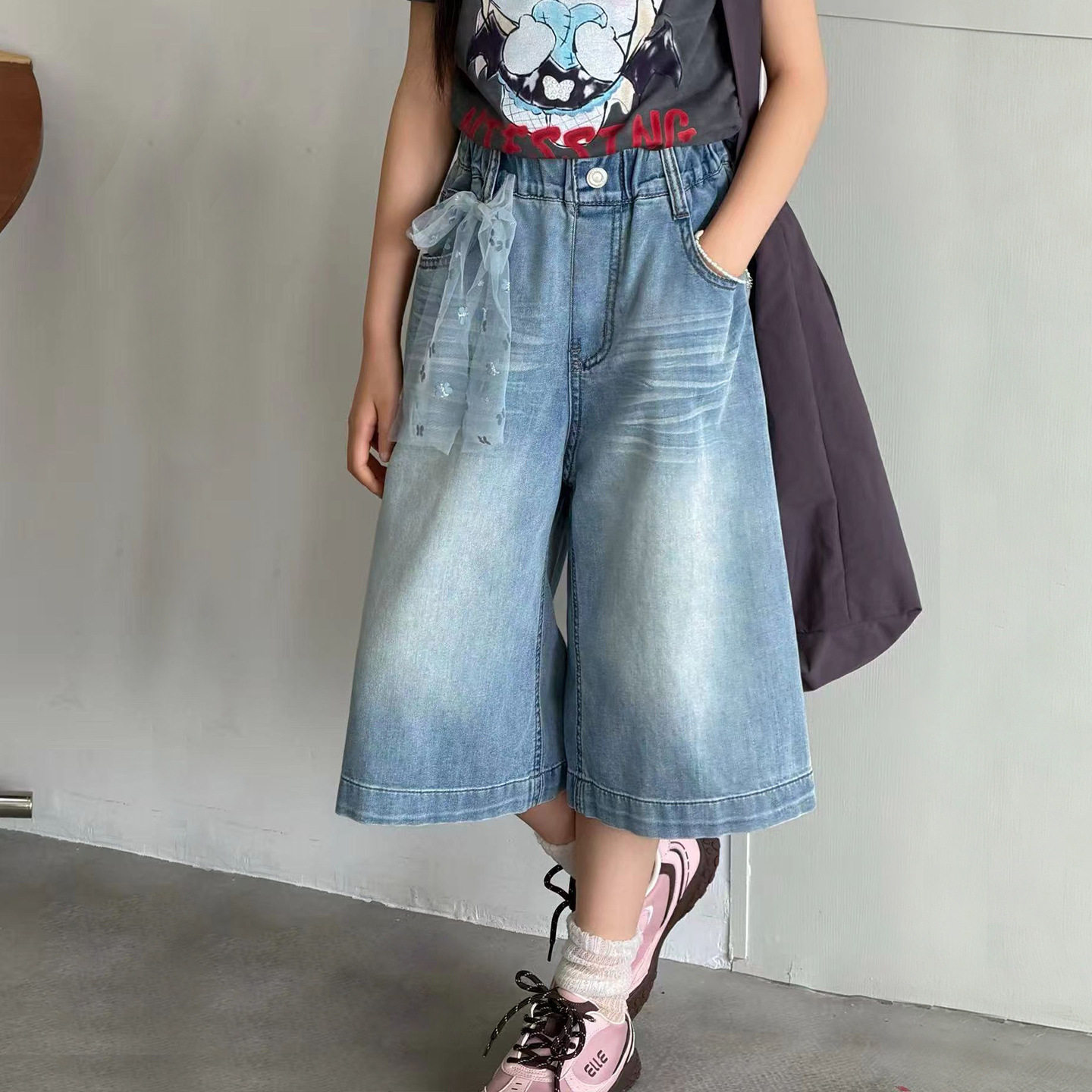 女童过膝长款七八分裤女孩夏薄款马裤初中生牛仔中裤女大童短裤子