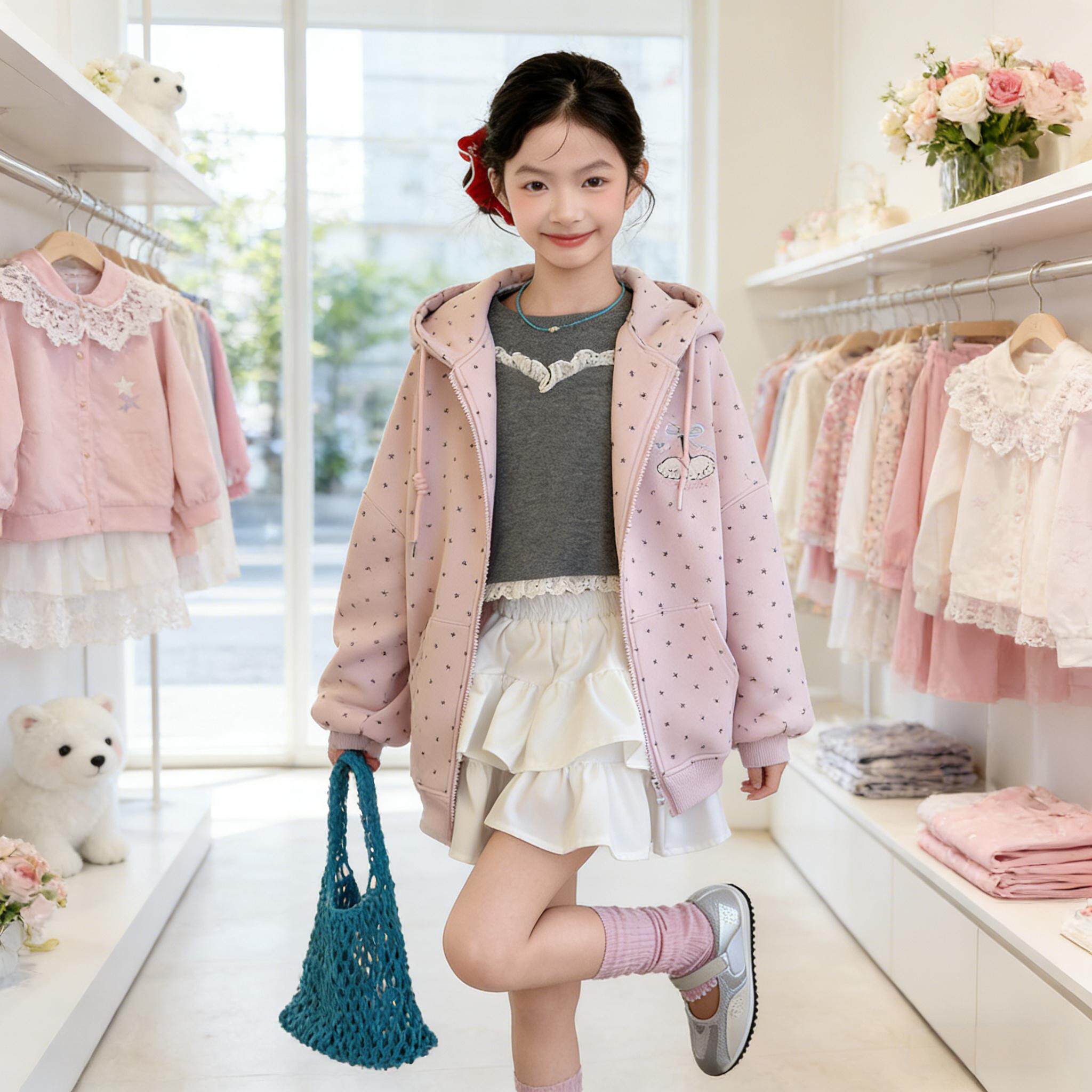 女童春秋款连帽外套2026新款洋气小学生开衫卫衣女大童上衣夹克衫