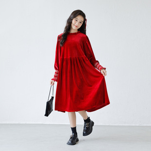 十二三岁女大童秋冬装金丝绒红色连衣裙女孩长裙贵气千金风公主裙
