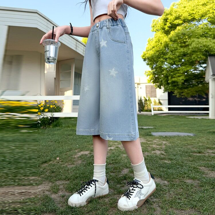女童马裤夏薄款牛仔中裤过膝短裤
