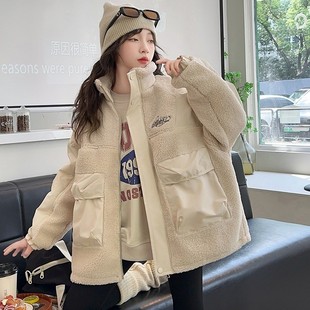 女童羊羔绒外套女孩冬装皮毛一体加厚夹棉工装夹克中童大童毛毛衣