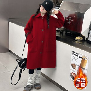 十二三岁女童红色毛呢外套女孩本命年衣服中大童夹棉加厚呢子大衣