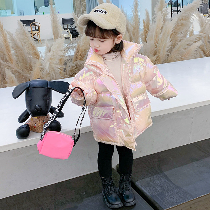 女宝宝亮面免洗冬款羽绒服女童炫彩加厚棉袄子洋气儿童白鸭绒外套