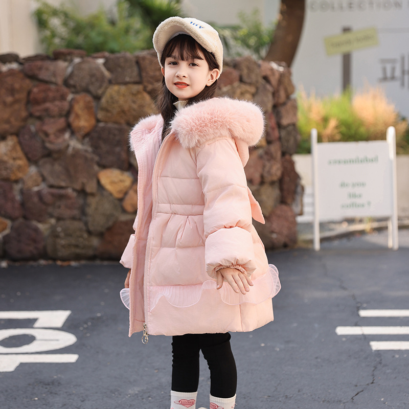 女童冬装收腰羽绒服中长款2025新款大童冬季加厚款白鸭绒衣服外套
