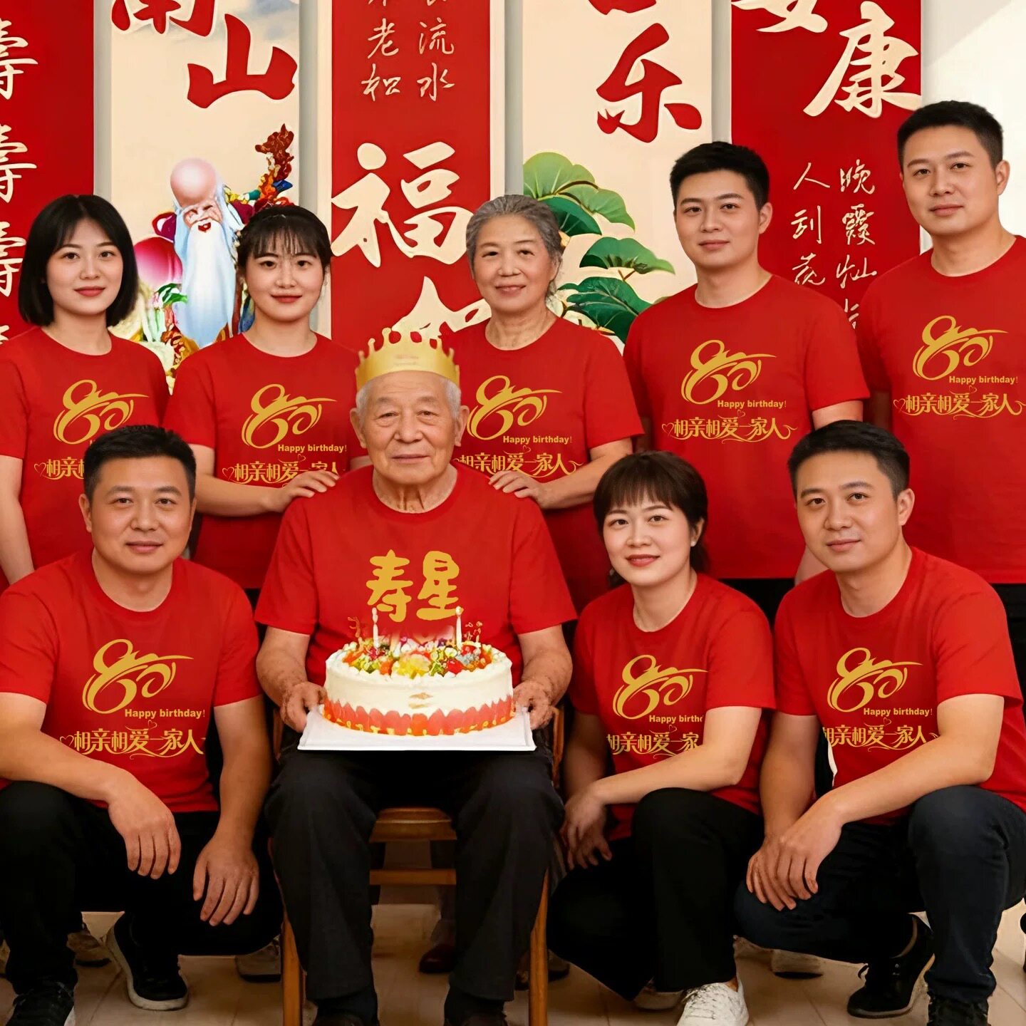 父母70/80/90/100大寿红色短袖定制寿星老人生日宴会聚会统一服装