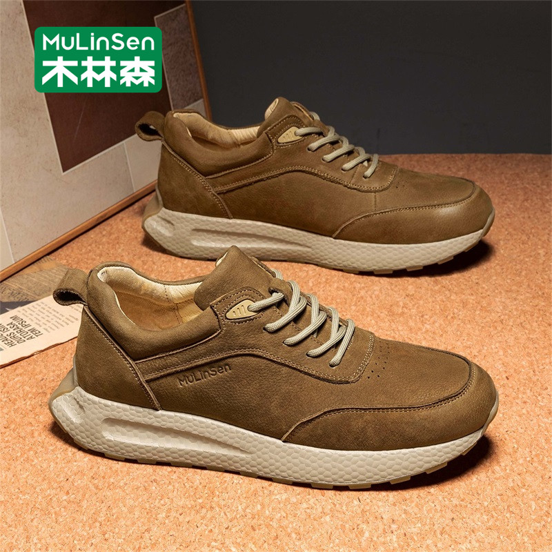 木林森真皮男鞋冬季新款复古工装阿甘运动鞋男头层牛皮休闲老爹鞋