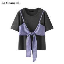 拉夏贝尔/La Chapelle夏季新款假两件蝴蝶结拼接短袖miu系T恤上衣