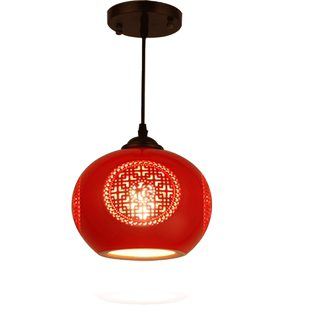 新中式红灯笼阳台灯过道玄关吊灯门厅走道陶瓷喜庆红色灯笼吸顶