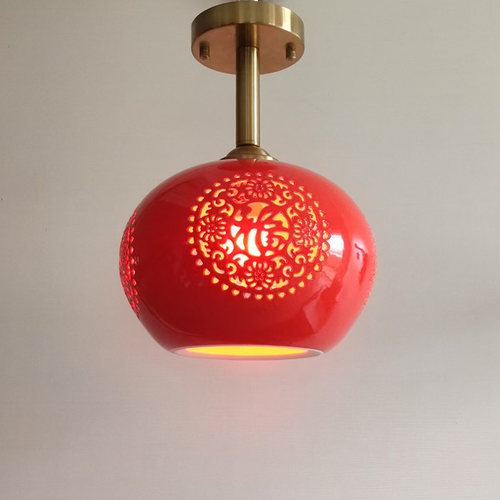 铜本色新中式红灯笼红色大门口玄关阳台入户景德镇陶瓷吸顶吊灯