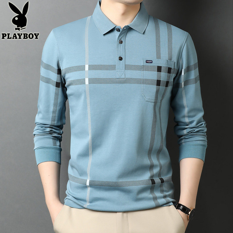 花花公子男士长袖t恤爸爸装翻领条纹polo衫2021春款中老年T恤上衣