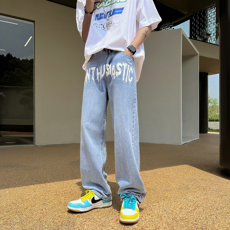 高街印花牛仔裤男坠感春夏季宽松直筒百搭拖地裤D321NK72P55,男装牛仔裤,电商D321A