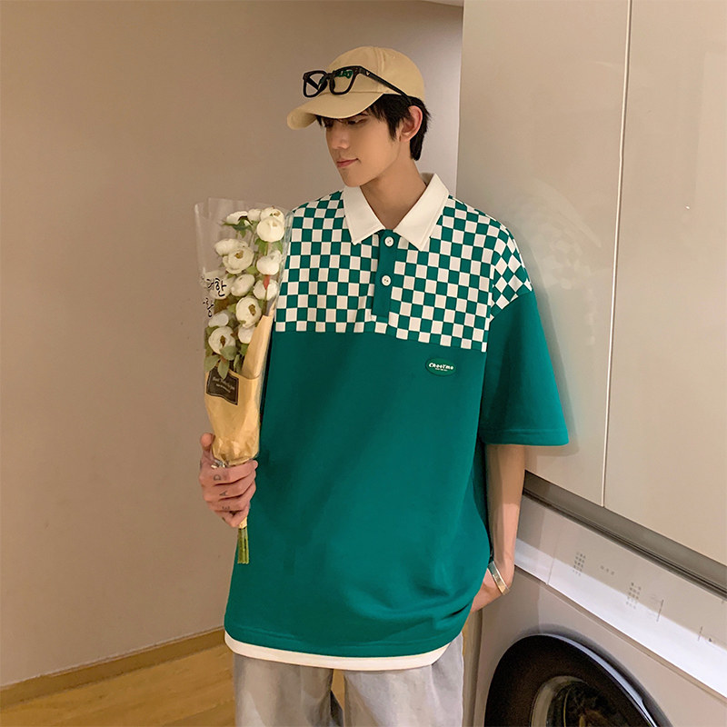 D321PL605P45男士棋盘格短袖polo衫男夏季宽松休闲翻领上衣,男装Polo衫,电商D321A