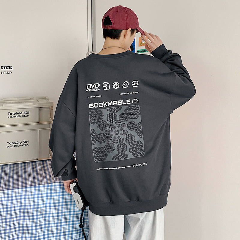 2022春秋港风圆领卫衣潮流图案青年上衣D32120279-P38灰1,男装卫衣,电商D321A