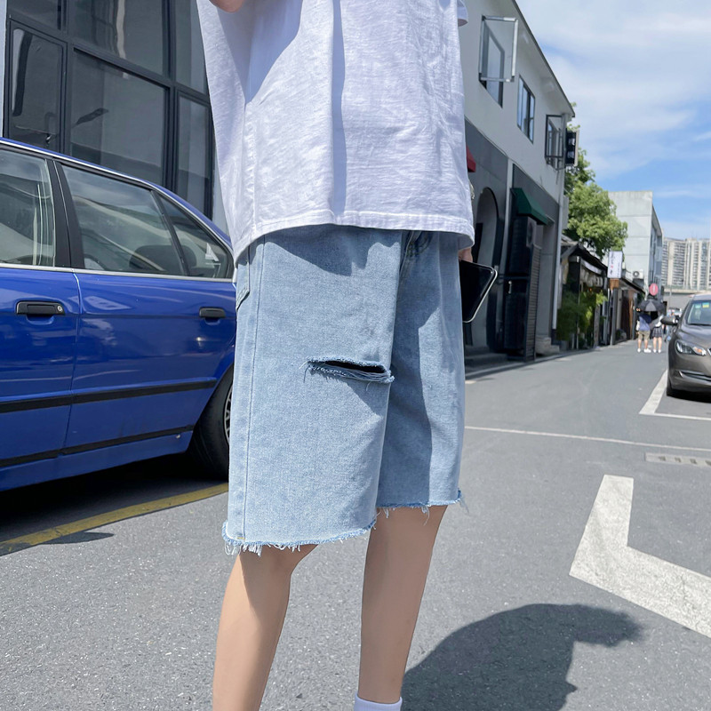 D321DK61P35夏季破洞牛仔短裤男女宽松直筒潮牌阔腿百搭五分裤,男装牛仔裤,电商D321A